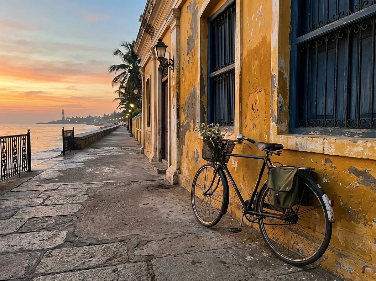 A bicycle leaning against a weathered wall on the seafront promenade at sunrise