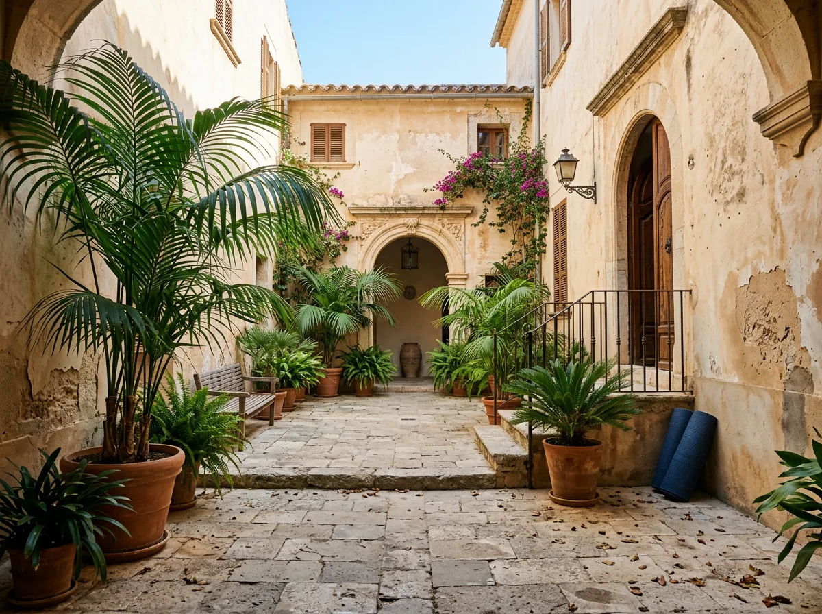 The stone courtyard with potted palms and bougainvillea, set for a morning yoga session