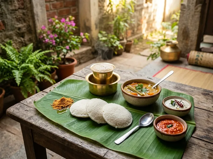 Idli, sambhar and chutneys served on a banana leaf with a brass tumbler of filter coffee